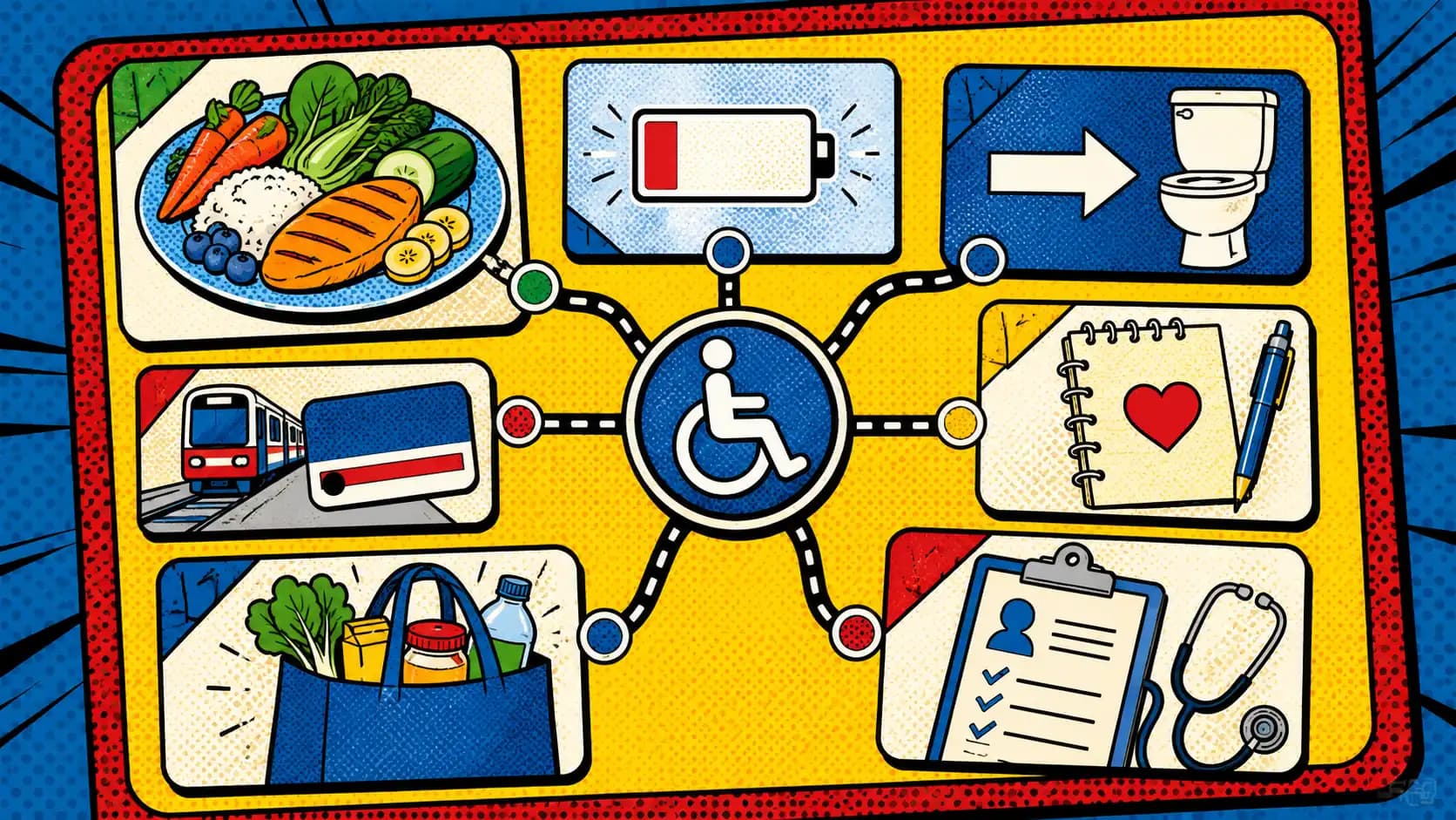 Pop art style hero image showing an accessible meal-planning board with low-FODMAP food icons, wheelchair access symbol, fatigue battery, bathroom route, transport card, caregiver note, and clinician clipboard.
