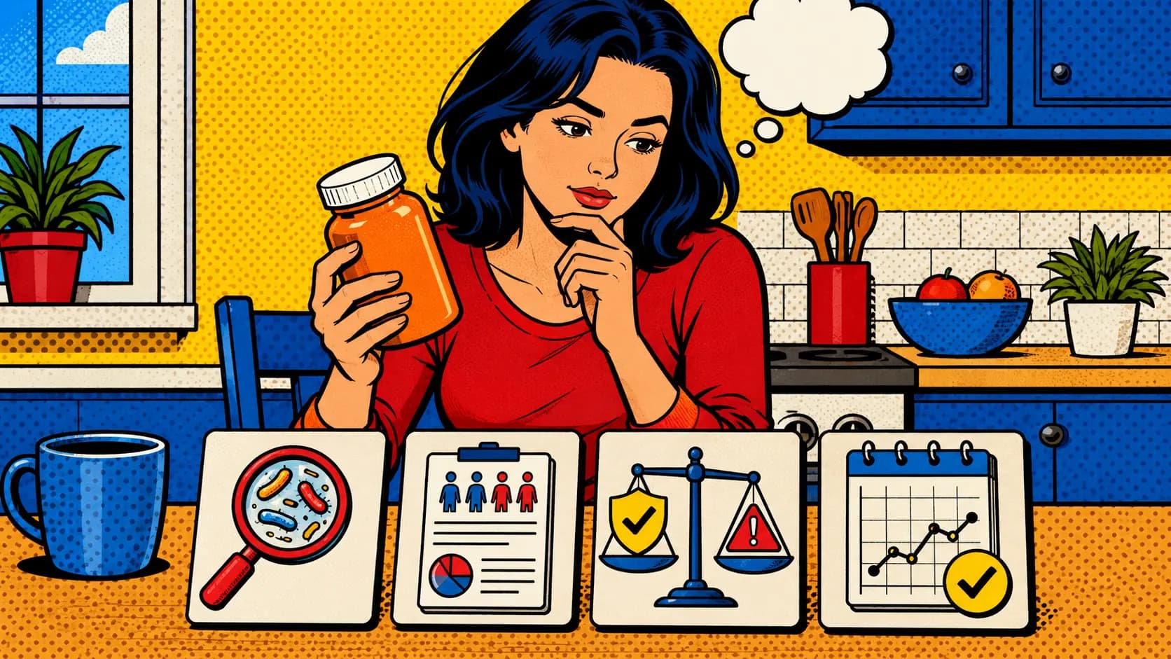 A shopper compares an orange probiotic bottle silhouette with a strain label, clinical evidence card, guideline card, and symptom tracker before deciding whether to try it.