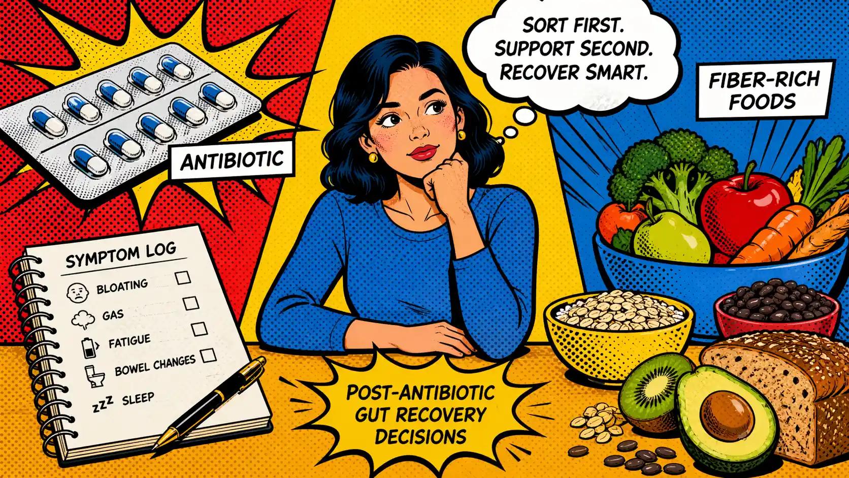 Pop art style hero image showing an antibiotic blister pack, a symptom log, and fiber-rich foods arranged around a post-antibiotic gut recovery decision scene.