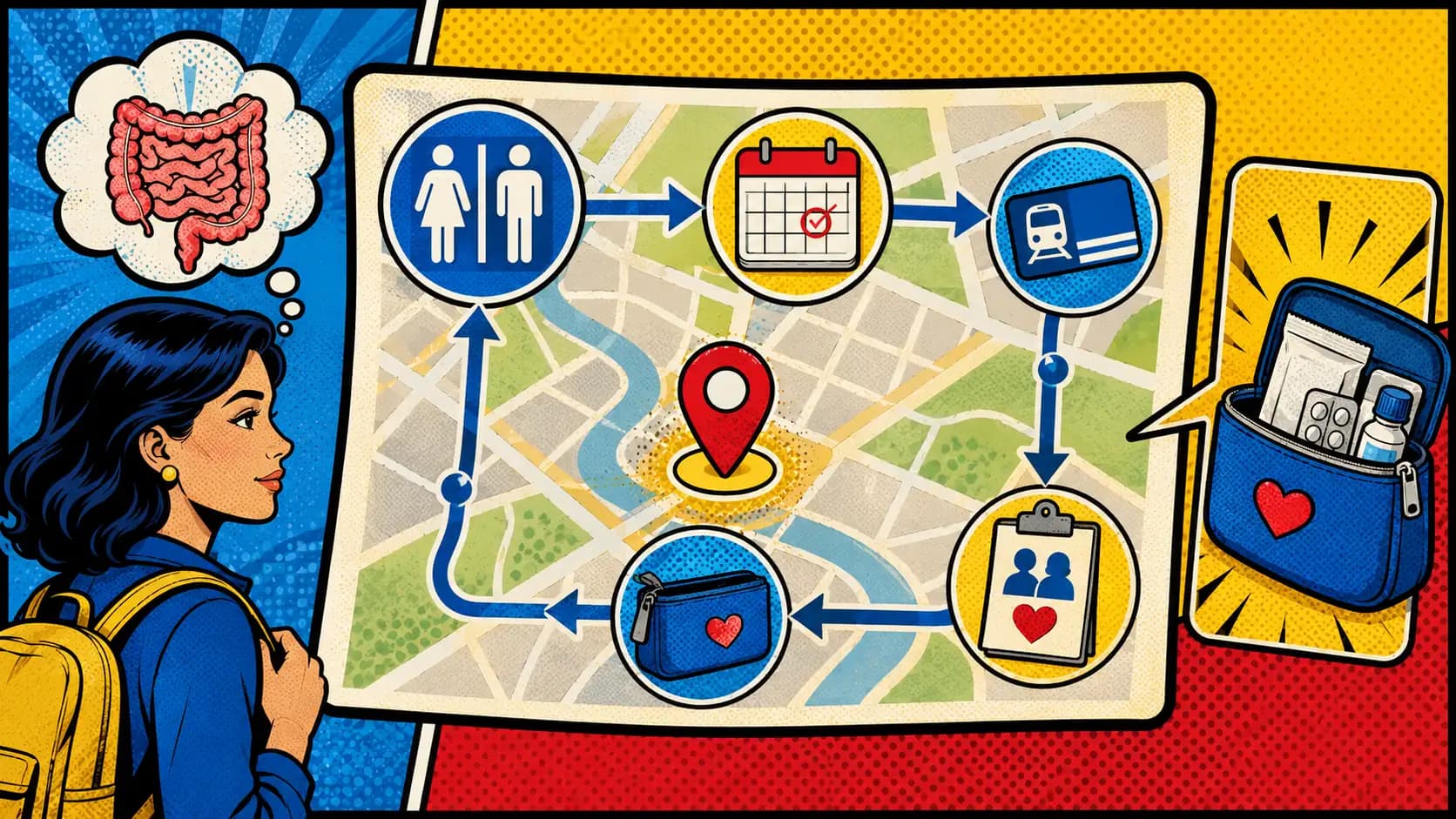 Pop art style hero image showing an IBS bathroom anxiety route map with restroom icon, calendar, transit card, gut icon, and support clipboard.