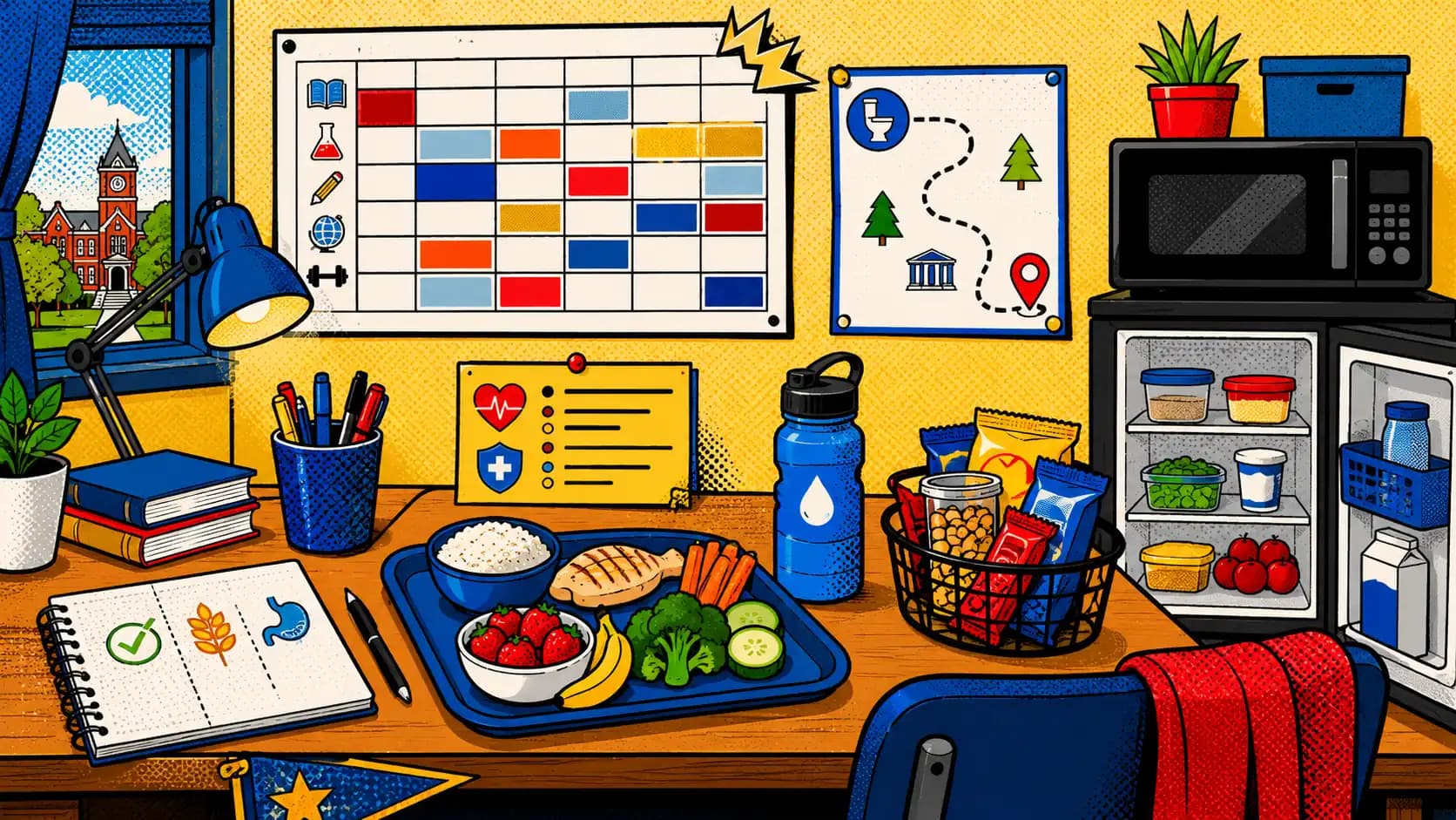 Pop art style hero image showing a college dorm IBS planning board with a dining hall tray, mini-fridge, microwave, class schedule, bathroom route card, water bottle, and campus health note.