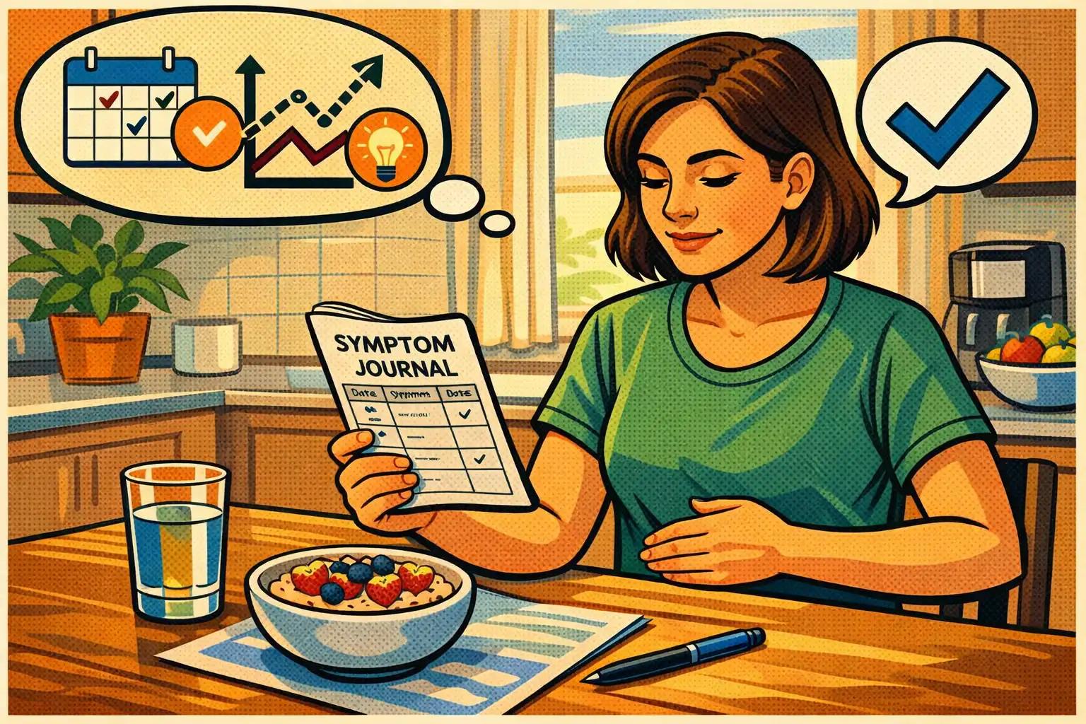 Person reviewing digestive symptom notes while managing bloating and constipation at home.