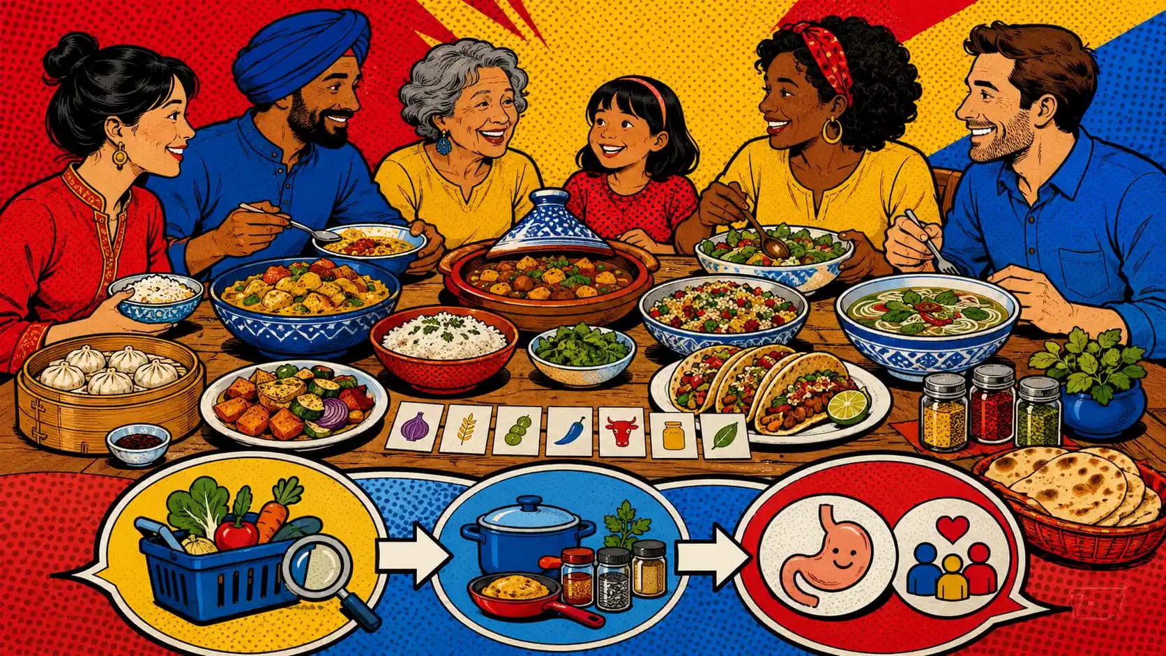 Pop art style hero image showing a shared family table with colorful staple dishes, spice jars, serving bowls, low-FODMAP swap cards, and a three-step path for restriction, reintroduction, and personalization.
