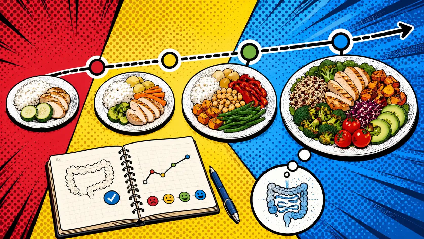 Pop art style hero showing a restricted low-FODMAP plate gradually expanding into a varied symptom-tracked meal pattern.