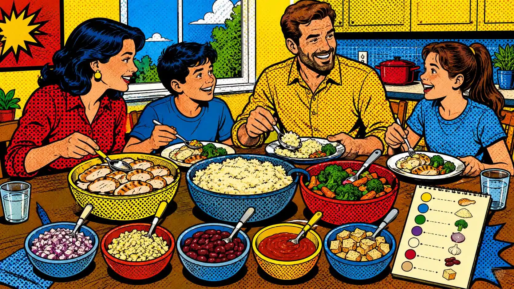 Pop art style family dinner table with one low-FODMAP base meal, separate add-on bowls, a sauce jar, and a small portion checklist.