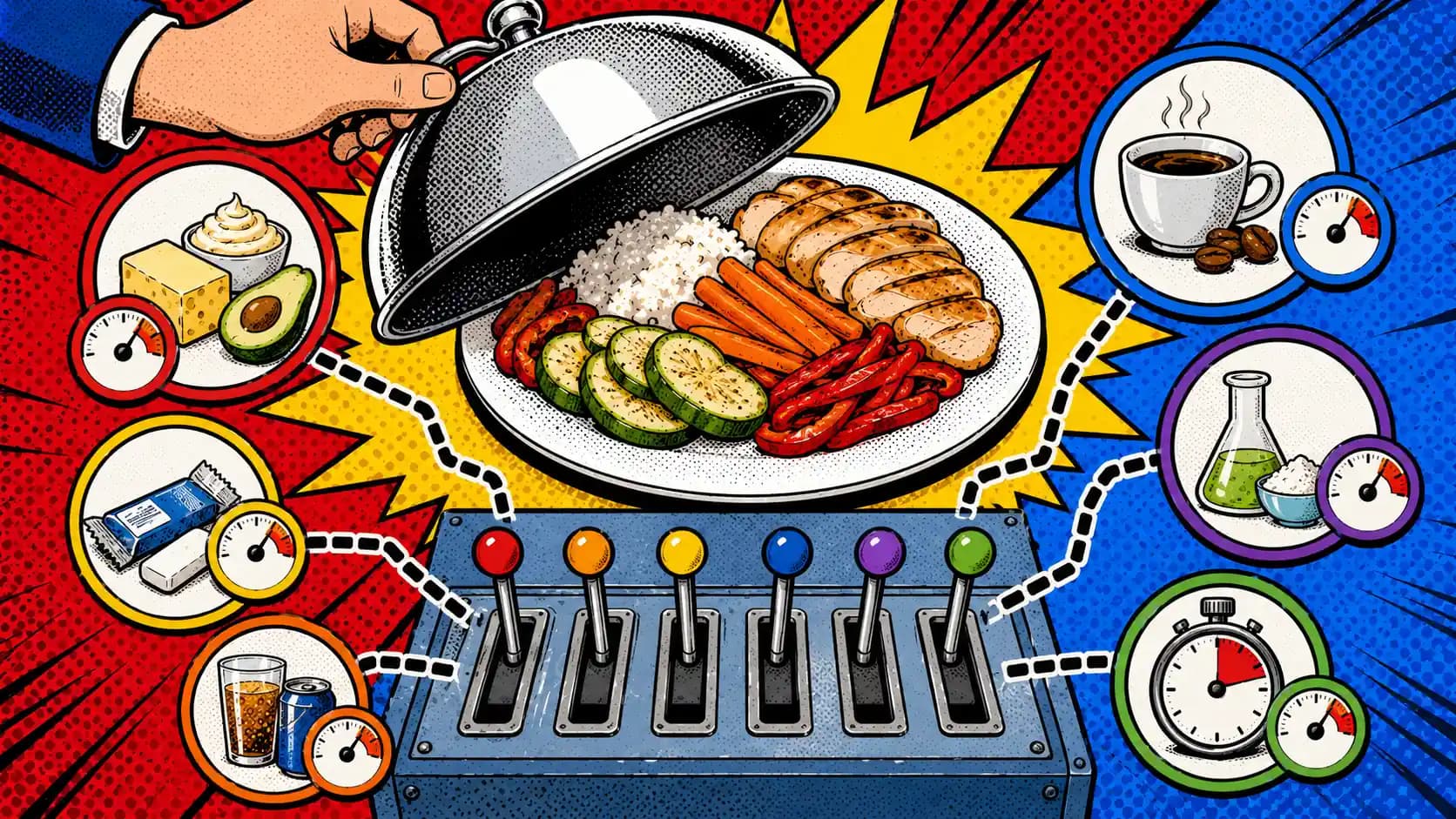 Pop art style hero showing a safe-looking meal with hidden trigger levers for fat load, sugar alcohols, caffeine, product additives, and timing.