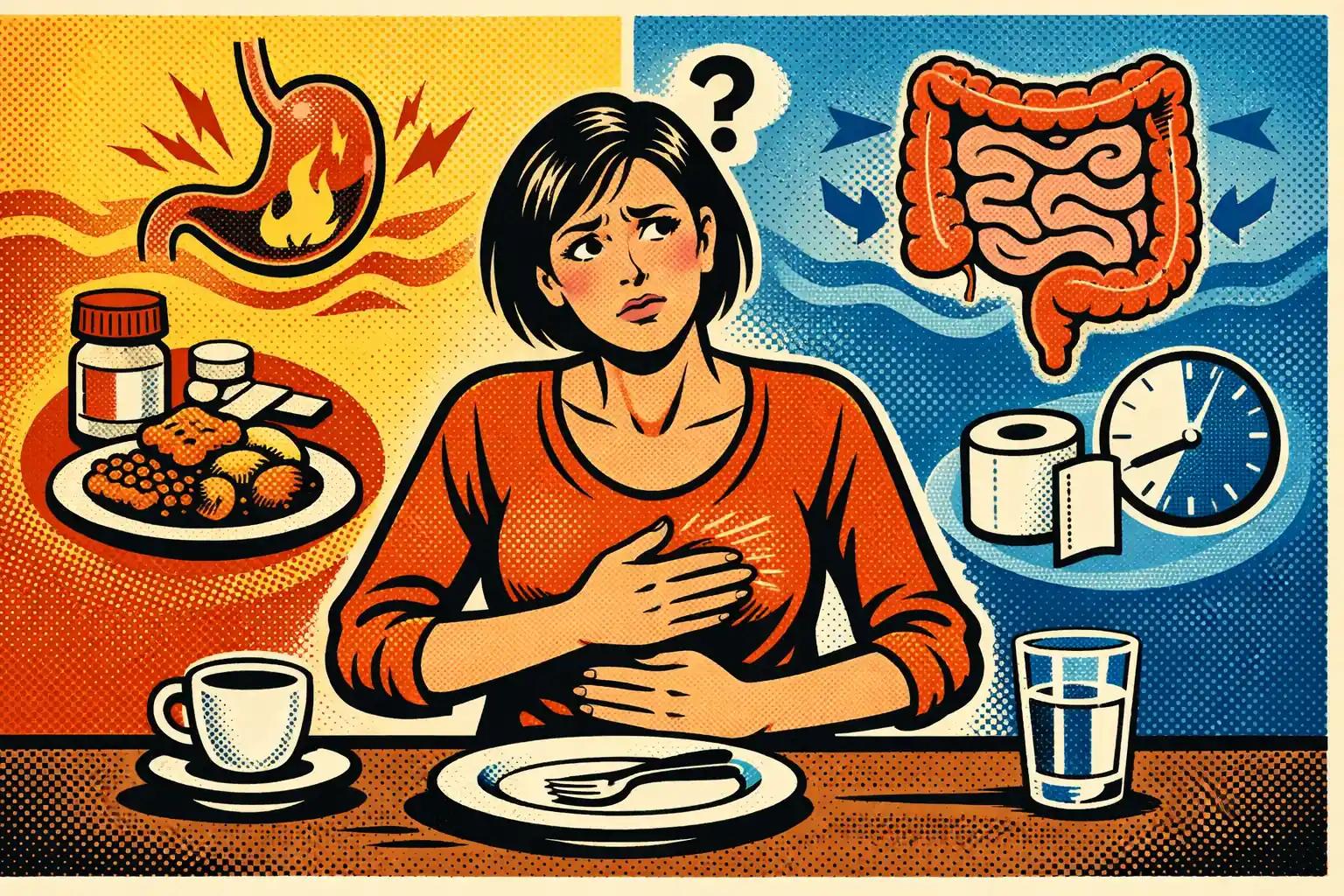 Editorial illustration showing a person confused by upper-gut symptoms after a meal while comparing functional dyspepsia and IBS patterns.