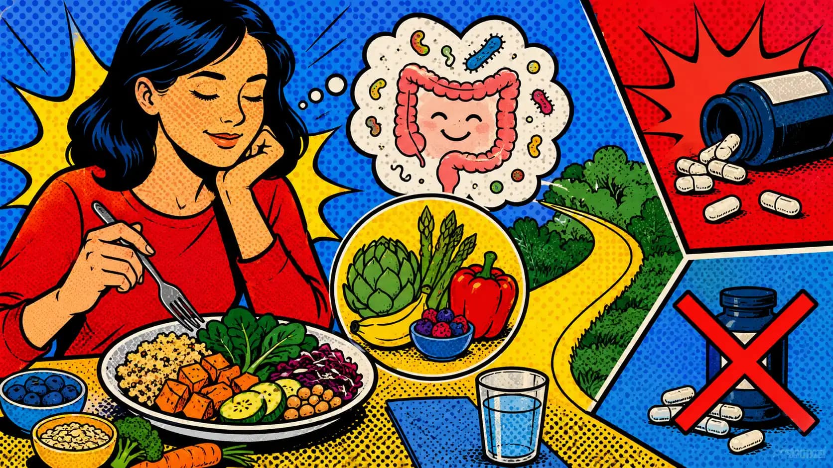 Pop art style hero showing gentle food variety choices before a probiotic supplement decision.