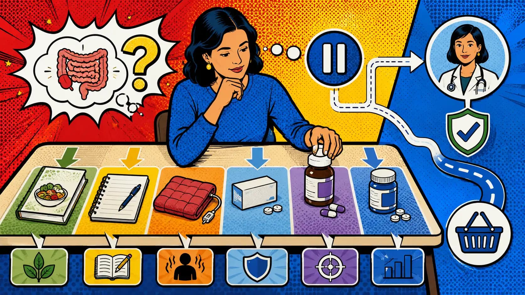 An adult sorts a cookbook, symptom journal, comfort tool, OTC box, enzyme bottle, and supplement into separate decision lanes before choosing.
