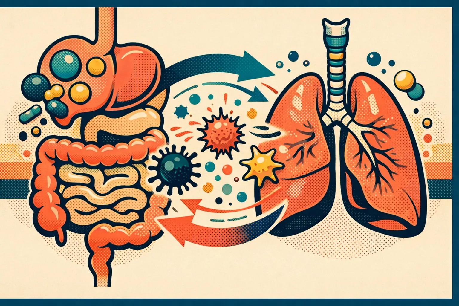 Editorial illustration showing the gut and lungs connected through immune and metabolite signaling.