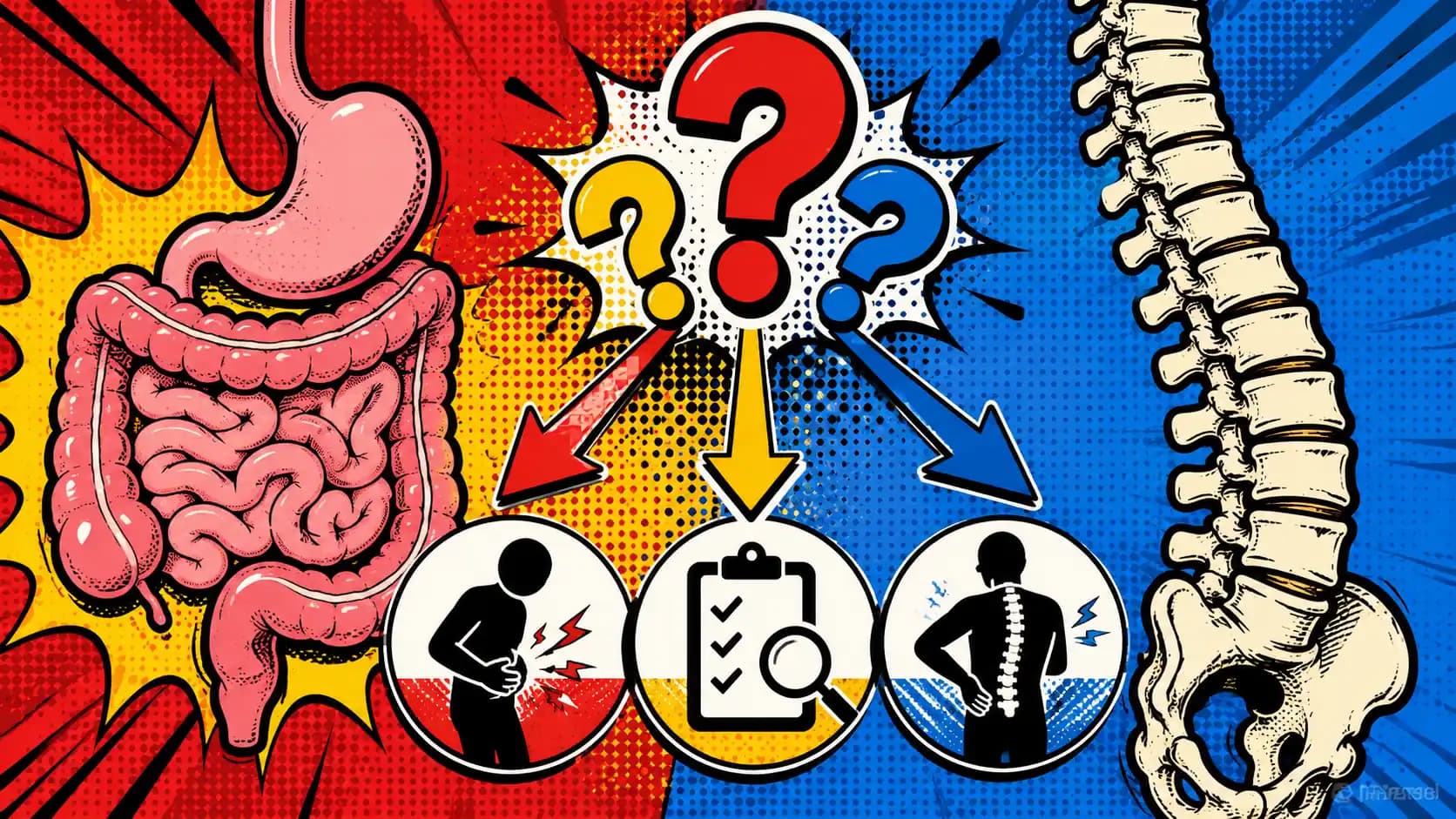 Pop art style hero image showing a gut, spine, and evidence-check symbols arranged as a claims-sorting map rather than a cure promise.