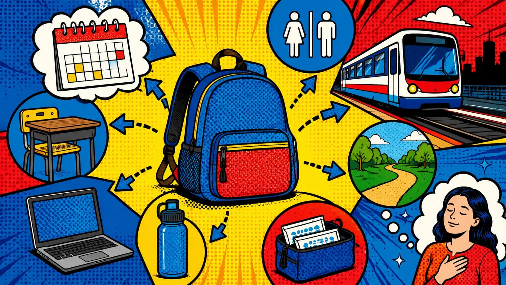Pop art style commuter backpack, calendar, restroom sign icon, bus or train, school desk, office laptop, water bottle, and calm route arrows showing an IBS away-from-home plan.