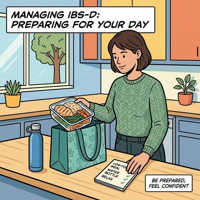 An adult packing an urgency-friendly low-FODMAP meal, water bottle, and small checklist before leaving home.