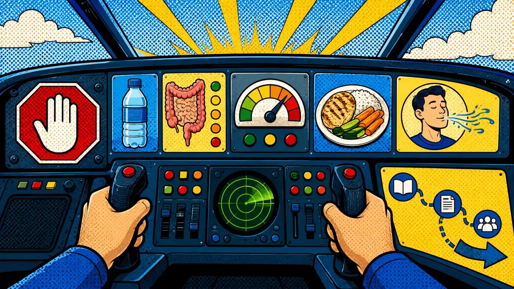 Pop art style IBS flare cockpit dashboard with stop signs, hydration, stool pattern, pain dial, meal simplification, and next-route arrows.