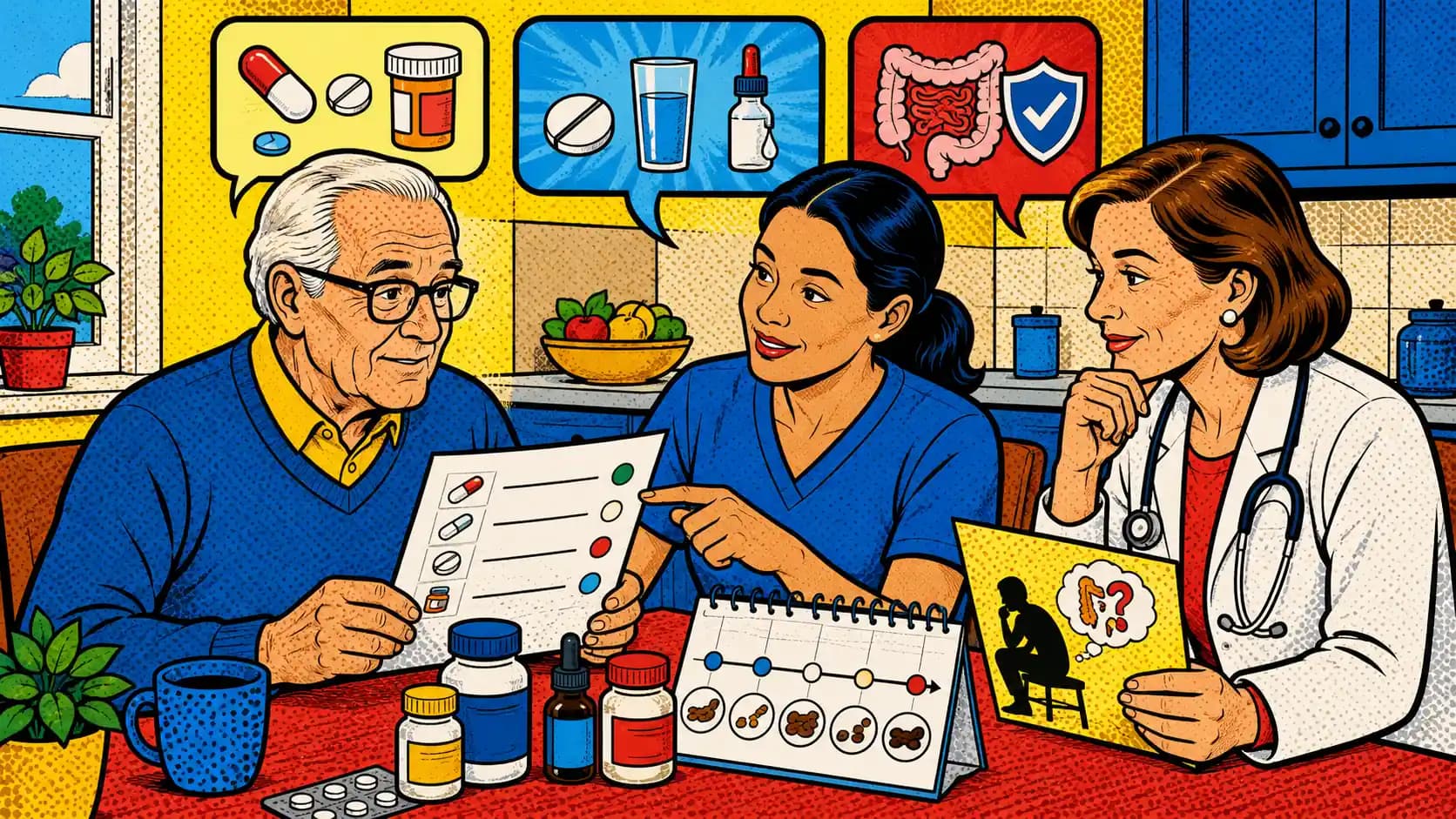 Pop art style hero image showing an older adult reviewing a medication list, symptom timeline, and bowel-change question card with a clinician.