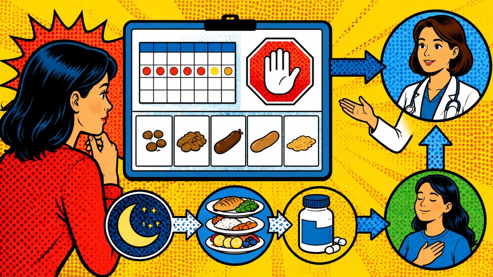 Pop art style IBS relapse dashboard with calendar, stop sign, stool pattern cards, sleep icon, food stack, and clinician route arrows.