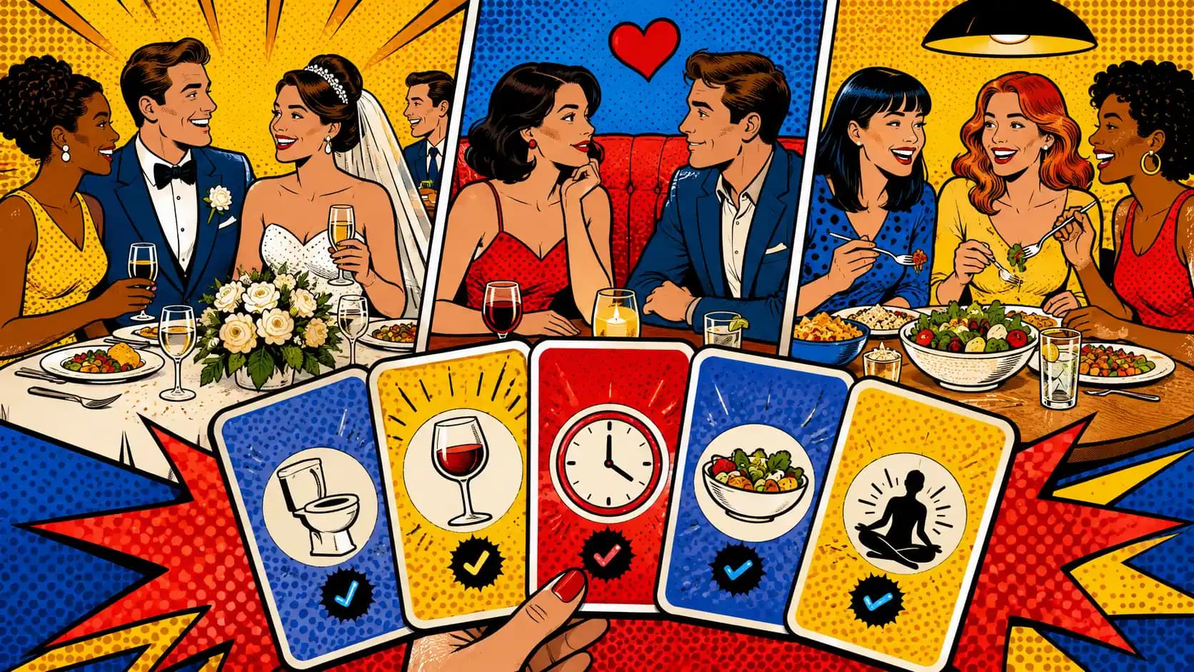 Pop art style hero image showing a wedding table, date night, and shared meal with discreet gut-symptom planning cards.