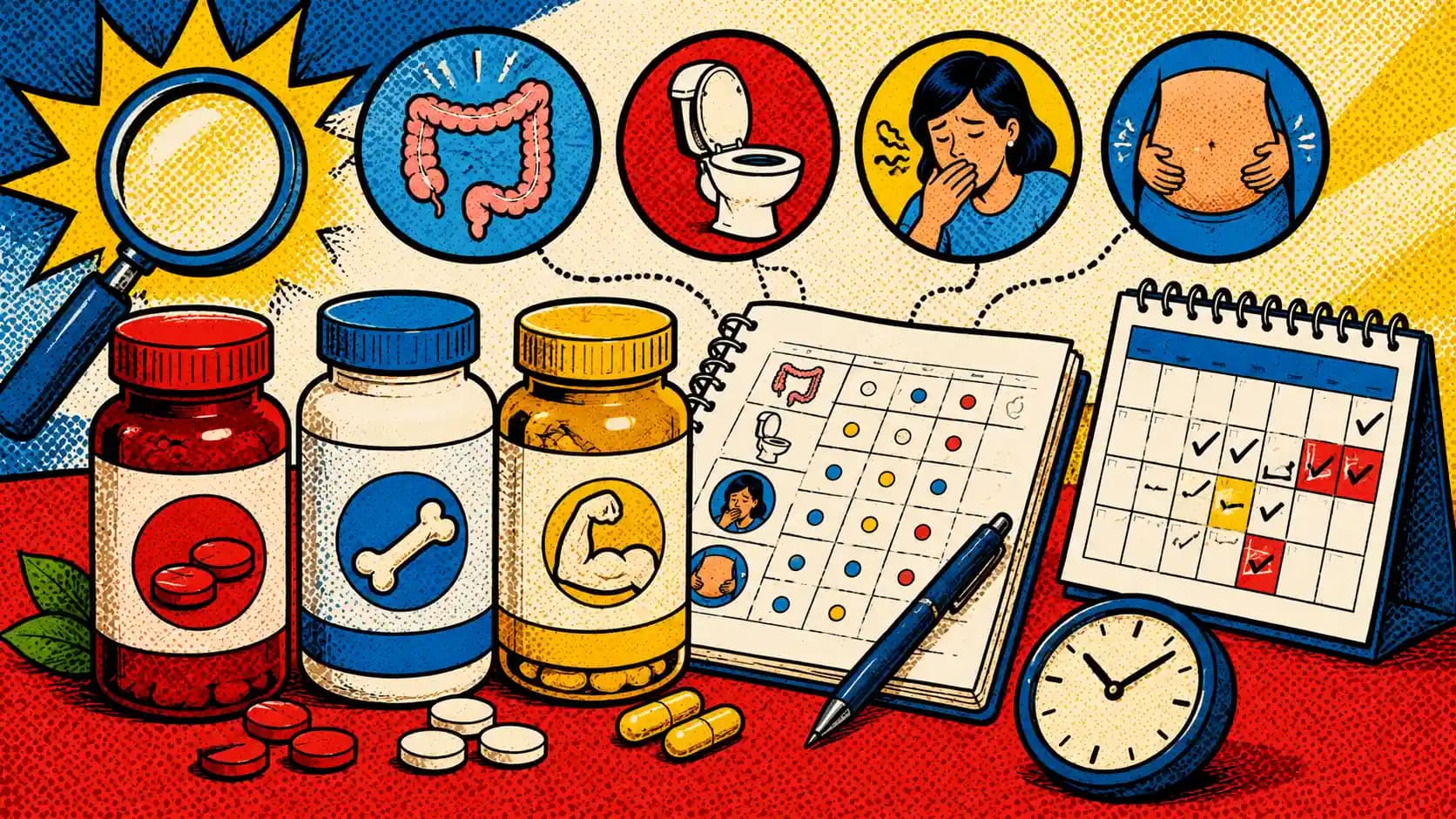 Pop art style hero image showing iron, calcium, and magnesium supplement bottles beside a symptom journal for constipation, diarrhea, nausea, and bloating.