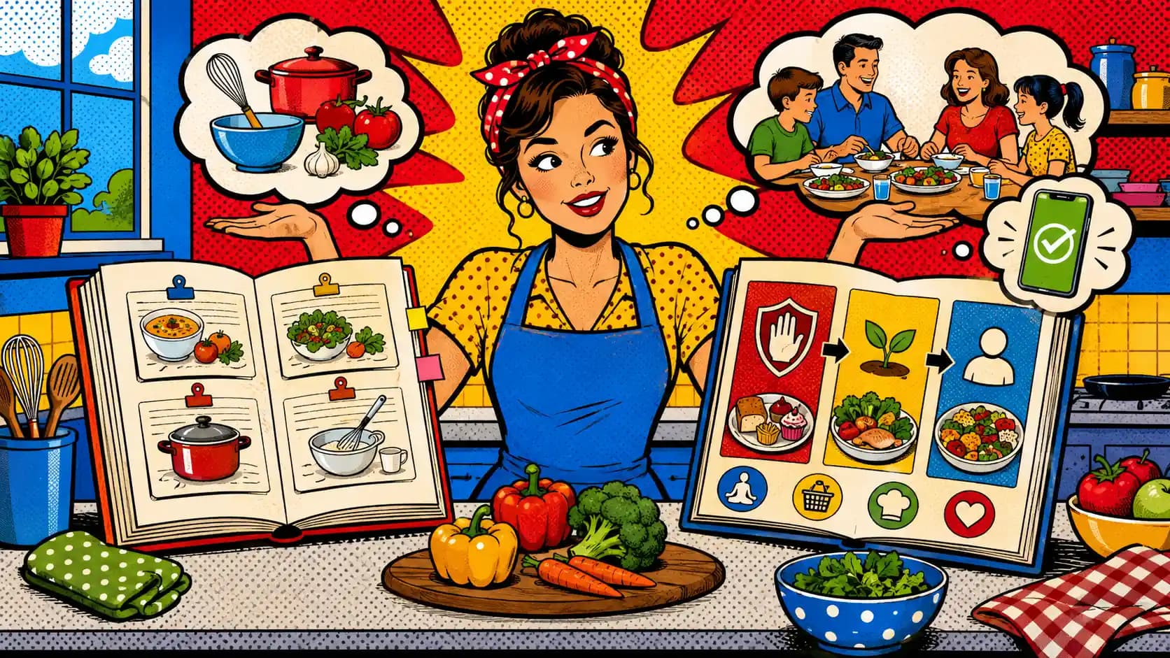 A home cook compares a recipe-first cookbook with a protocol-first guide beside a family meal board and a three-step path.