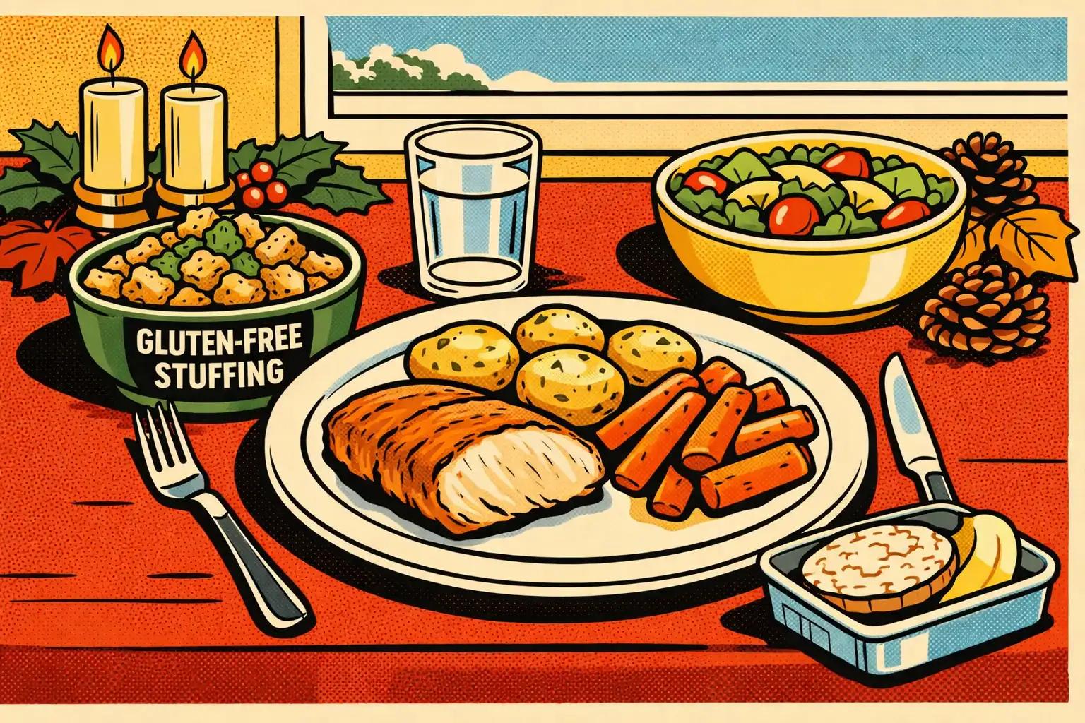 A calm holiday meal setup with simple low-FODMAP foods, one labeled dish, and a quiet backup snack nearby.