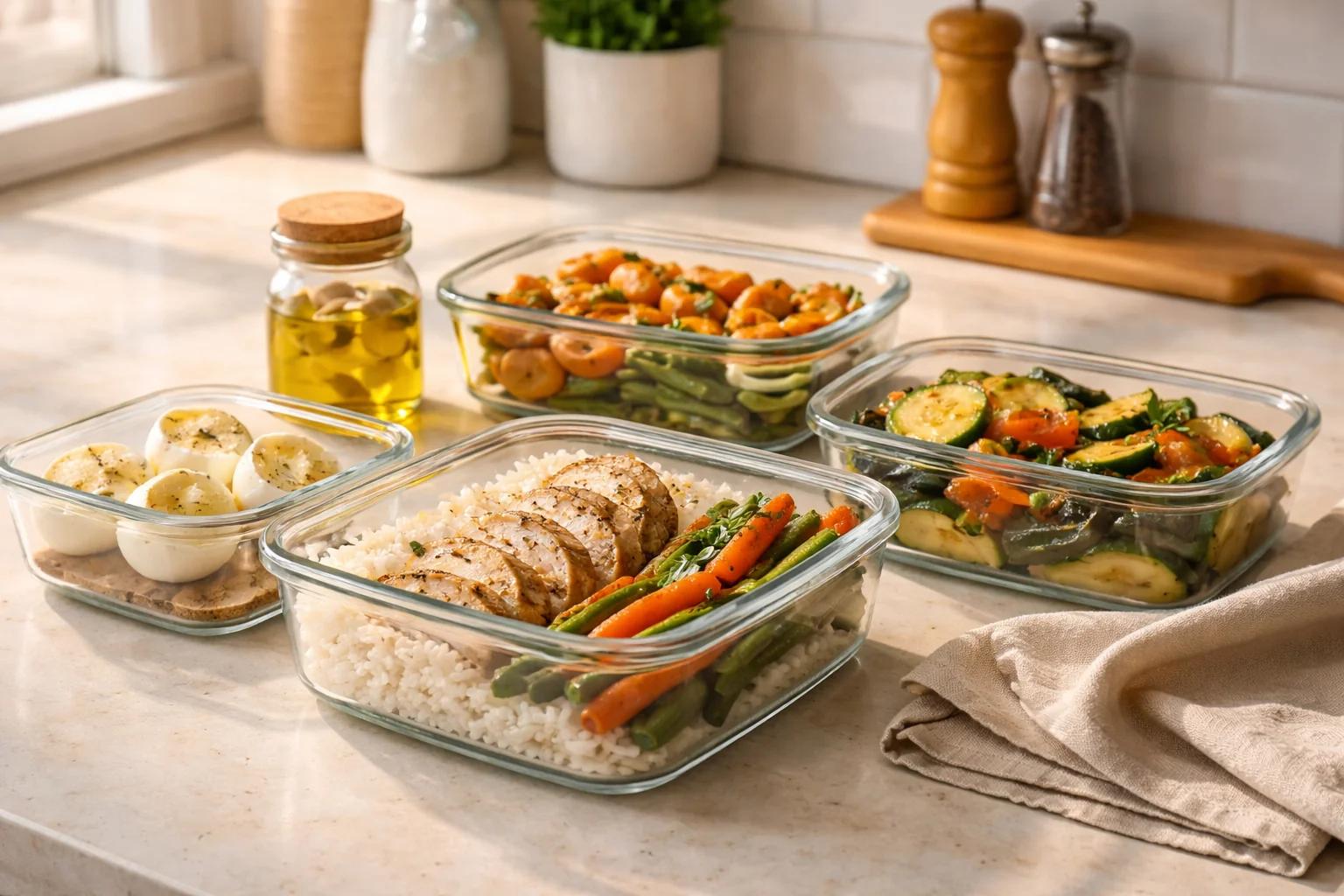 Low-FODMAP meal-prep containers arranged on a kitchen counter with rice, grilled chicken, roasted vegetables, boiled eggs, and a small jar of garlic-infused oil.