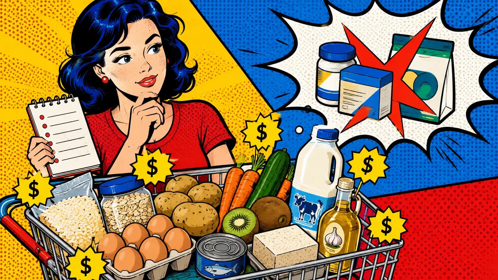 Pop art style grocery cart with affordable low-FODMAP staples, price tags, rice, eggs, potatoes, carrots, oats, canned tuna, firm tofu, and a small checklist.