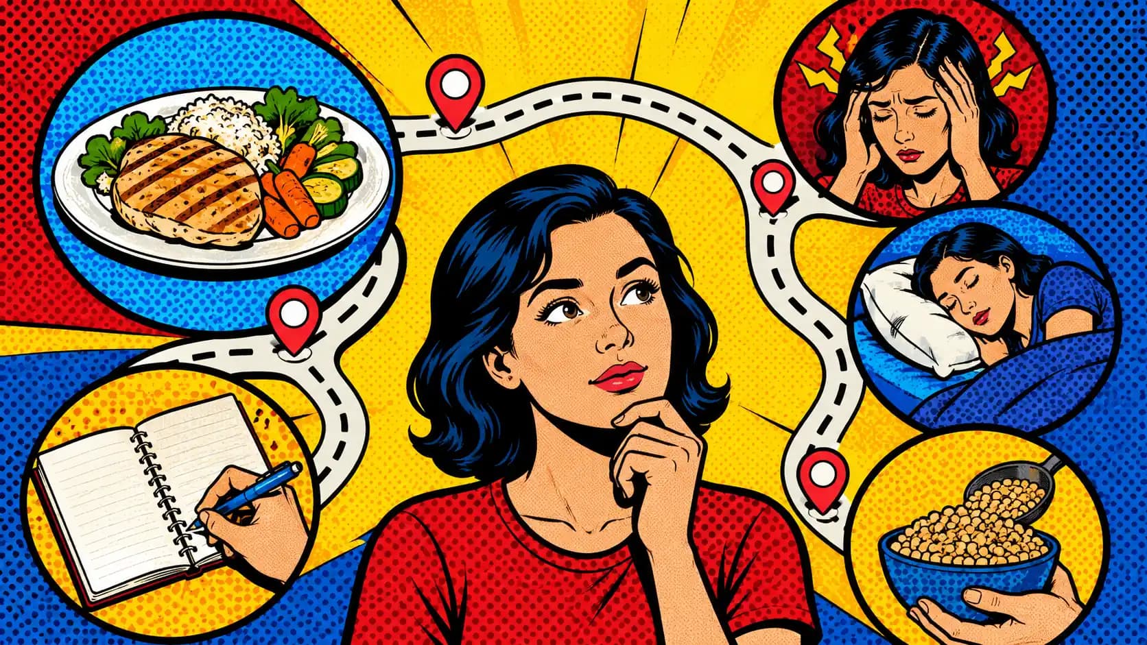 Pop art style hero showing a low-FODMAP personalization route between stable meals, symptom notes, and real-life variables such as stress and serving-size drift.