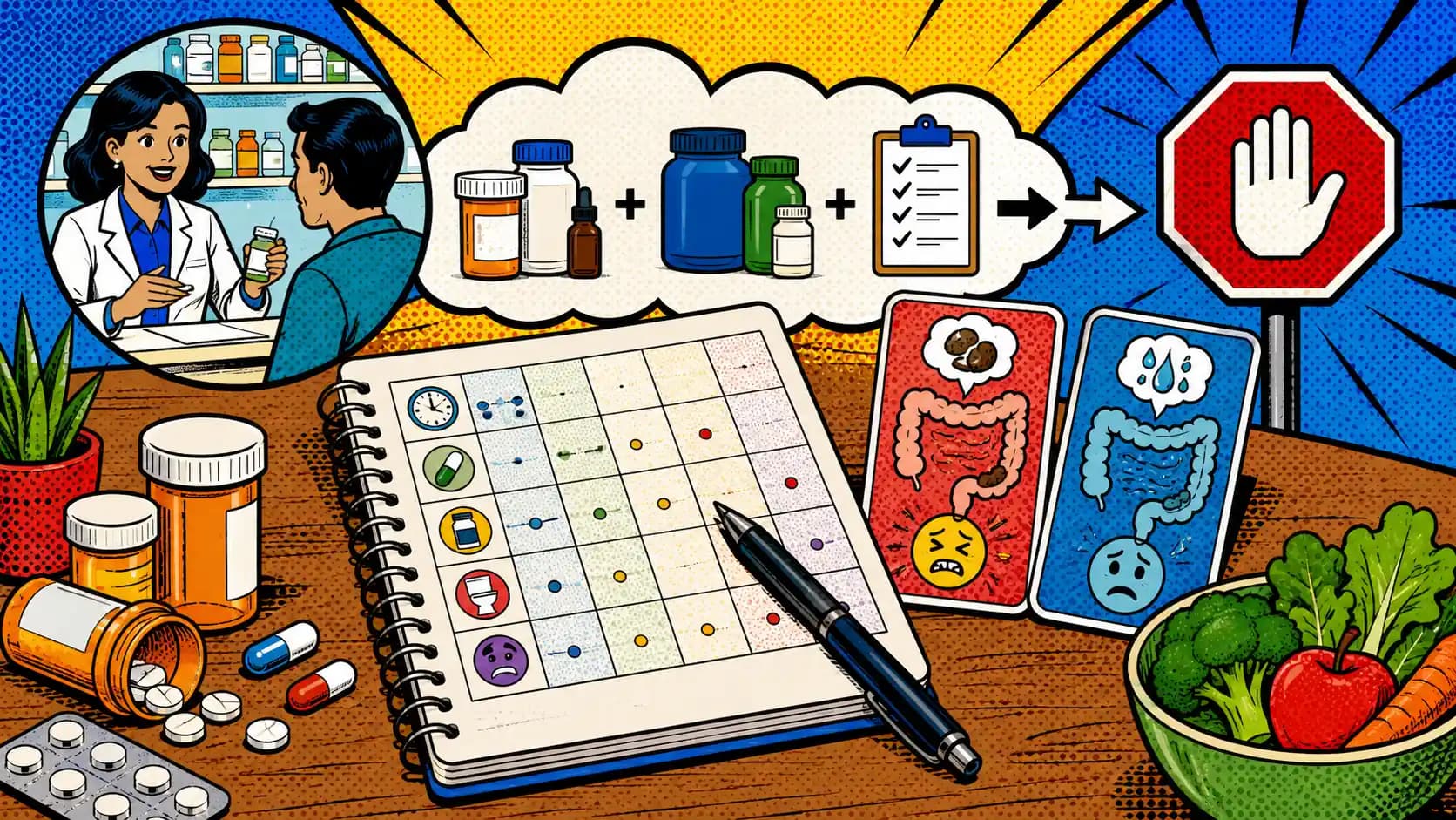 Pop art style hero image showing a symptom journal, medication bottles, supplement containers, and clinician question cards for sorting IBS-like symptoms.