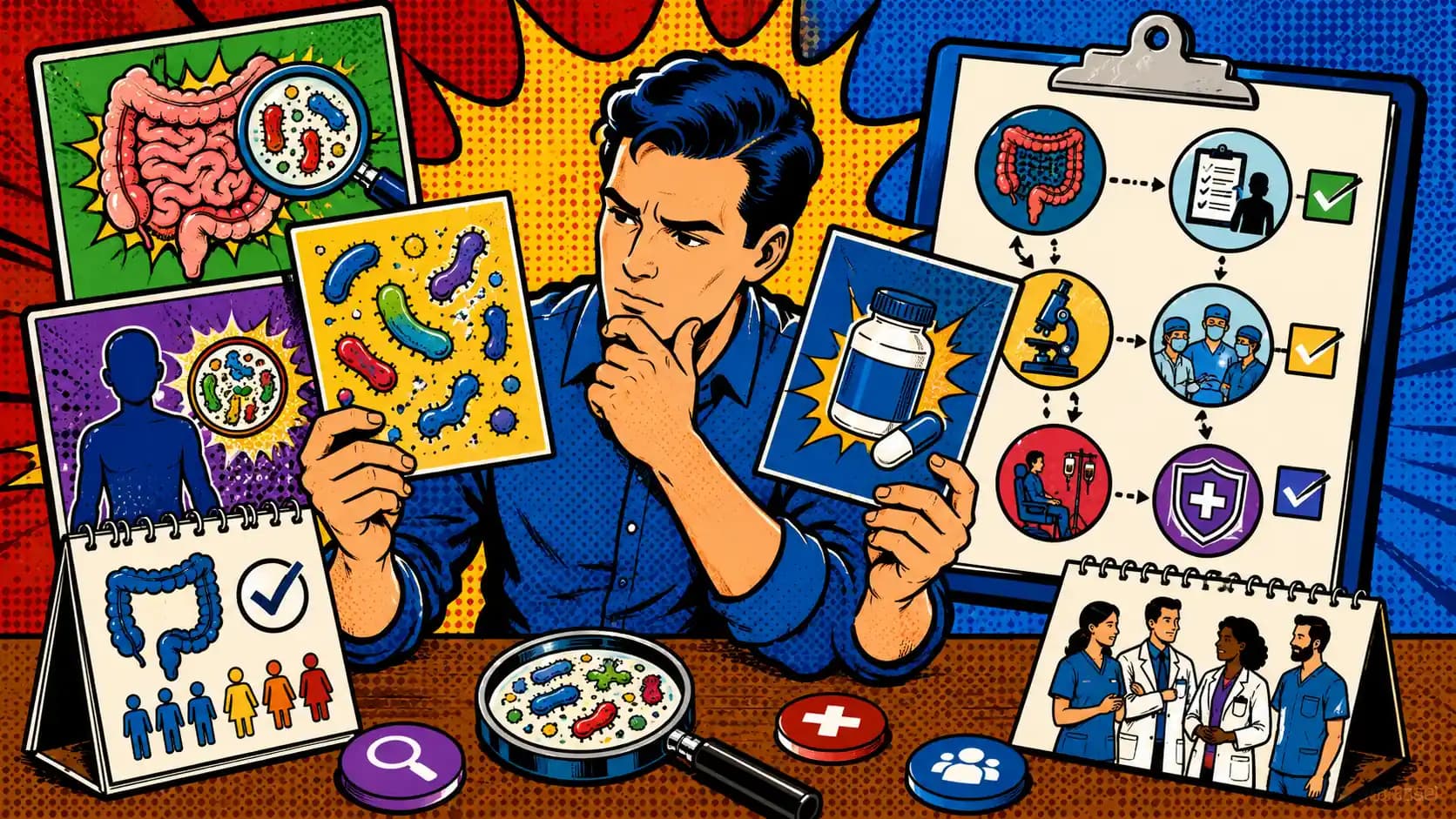 Pop art style hero image showing a careful evidence-sorting scene with microbiome headlines, probiotic claim cards, and a grounded colorectal cancer care pathway clipboard.