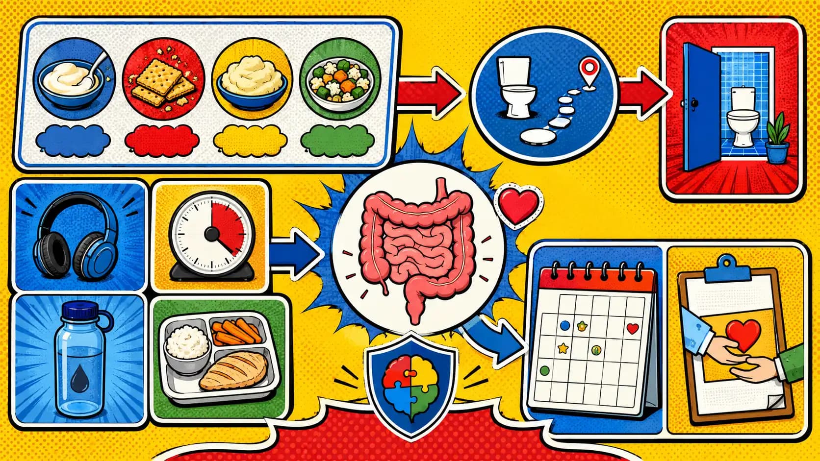 Pop art style hero image showing a neurodivergent-friendly IBS routine board with sensory food icons, bathroom route, timer, calendar, headphones, low-effort meal tray, and clinician handoff note.