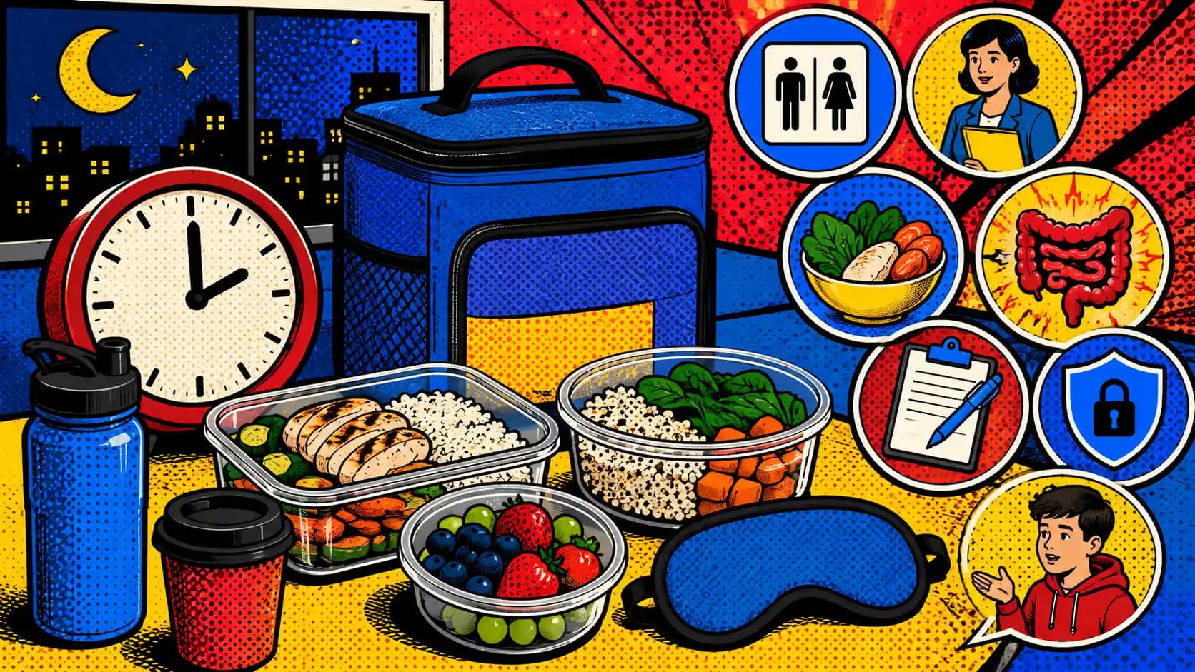 Pop art style hero image showing a night-shift low-FODMAP meal kit with clock, lunch bag, water bottle, coffee cup, sleep mask, and flare card.