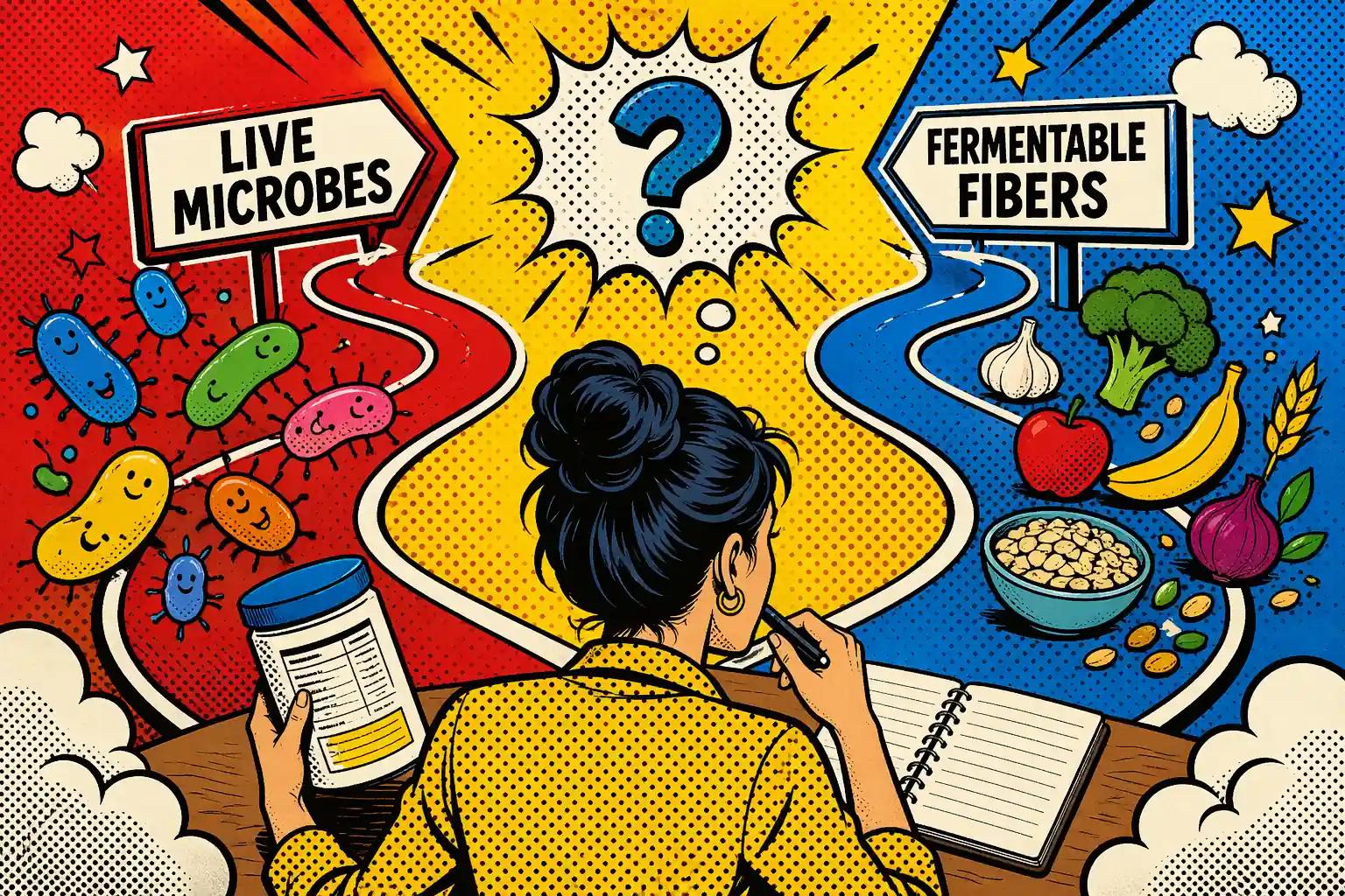 Pop art style hero image showing two labeled paths, one for live microbes and one for fermentable fibers, arranged around a simple gut-health comparison decision.