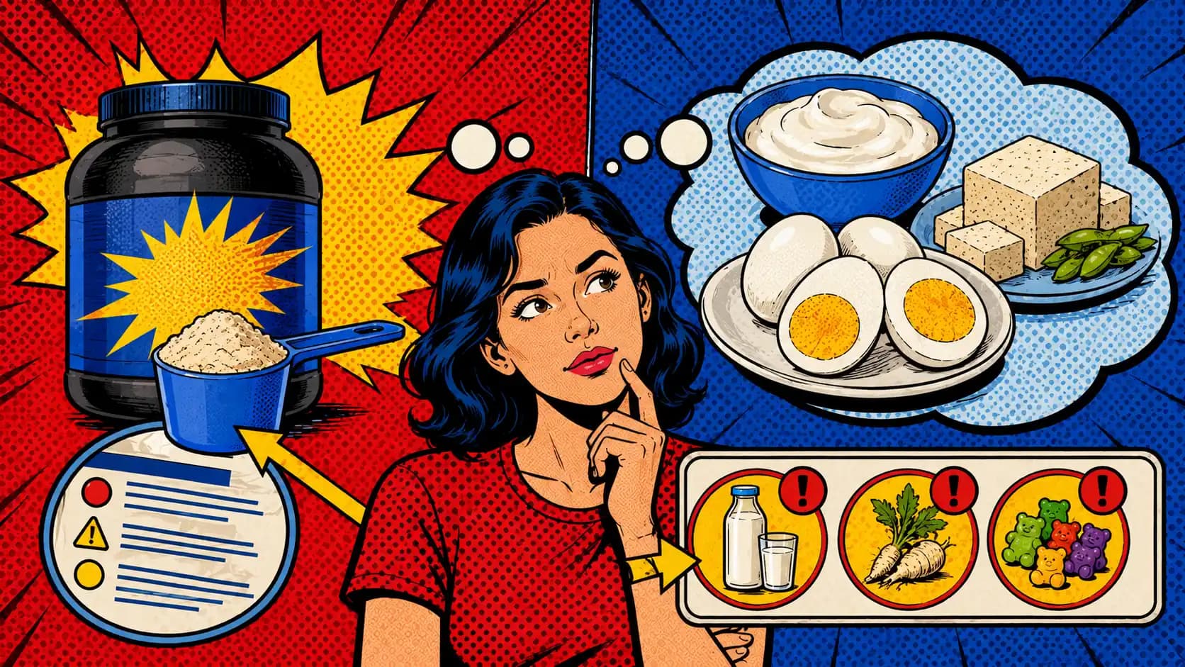 Pop art style hero showing a protein powder tub and scoop beside simpler food-first protein anchors with label-warning callouts.
