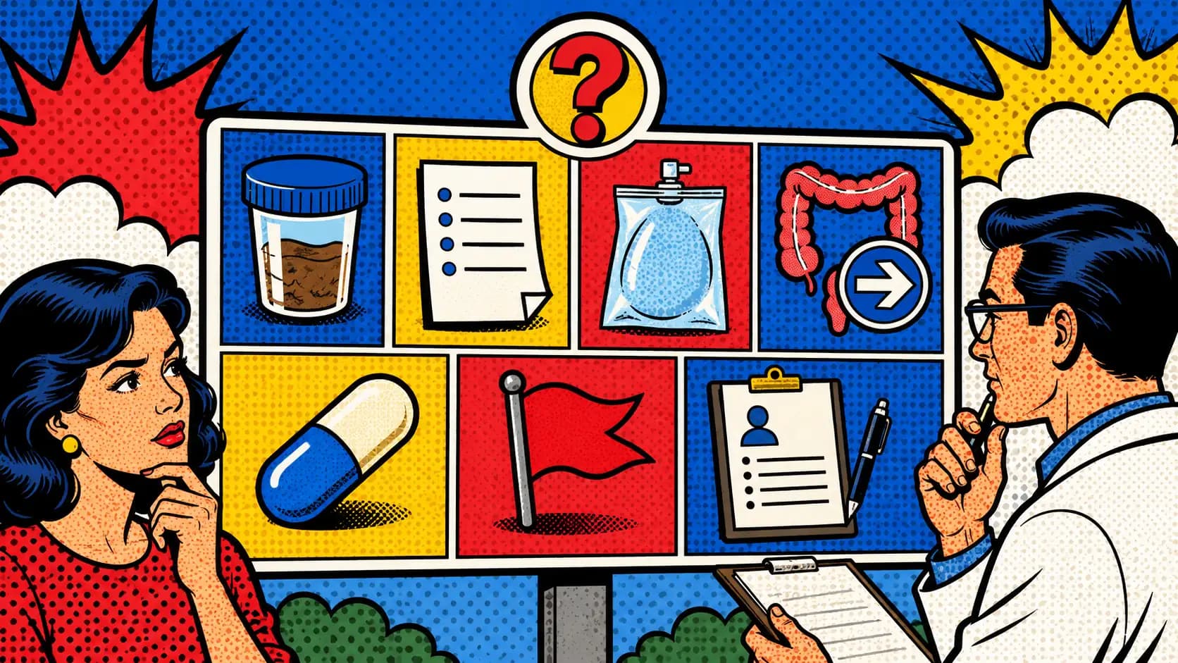 Pop art style test decision board separating medical stool tests, consumer microbiome reports, breath testing, screening route, probiotic claims, and clinician notes.