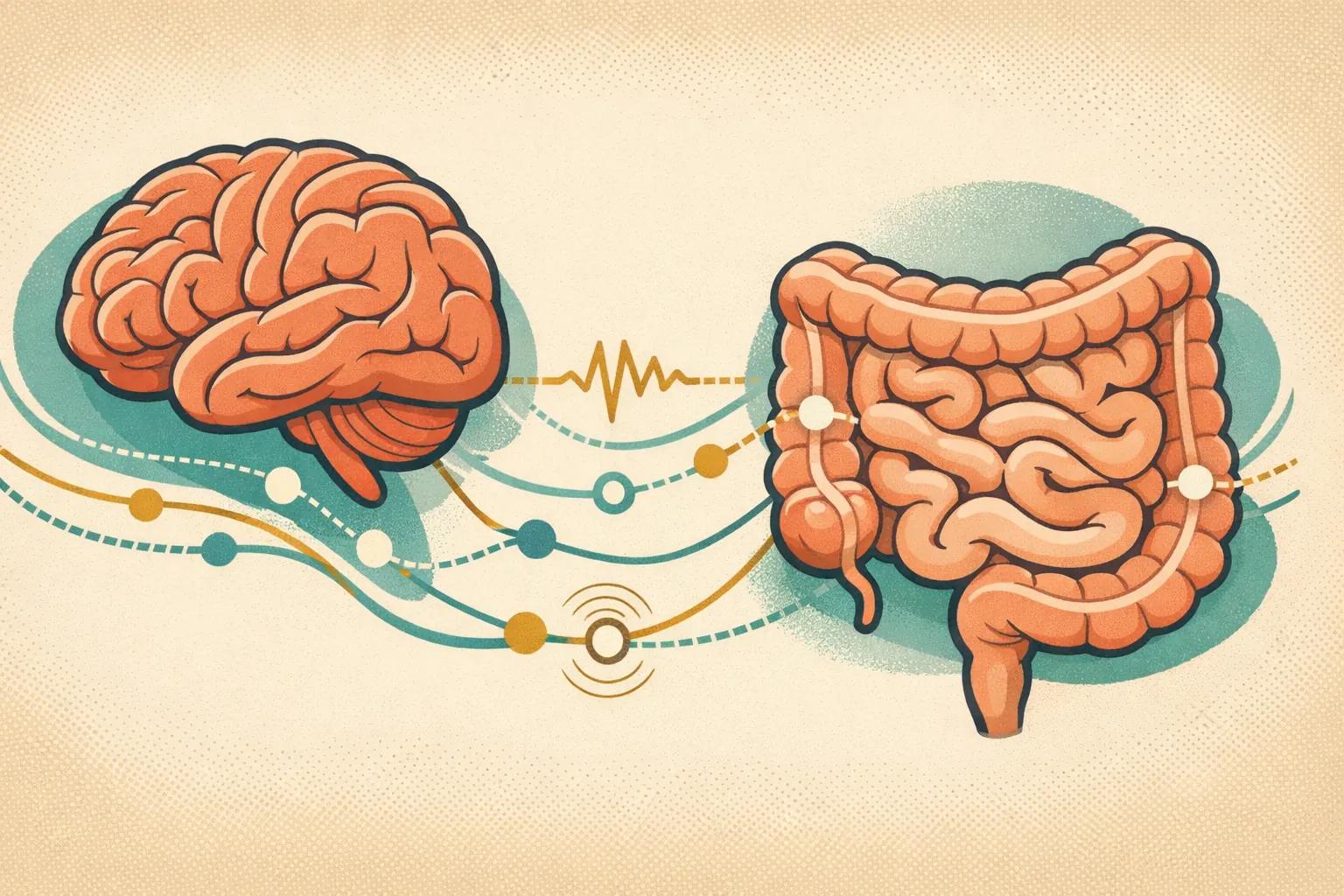 Editorial illustration of the brain and gut connected by clinical signal pathways.