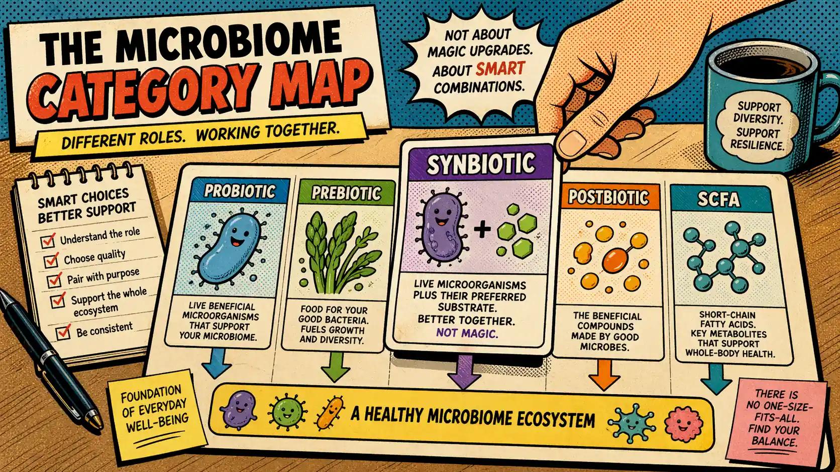 Editorial retro pop art illustration showing microbiome category labels being sorted into probiotics, prebiotics, synbiotics, postbiotics, and SCFAs