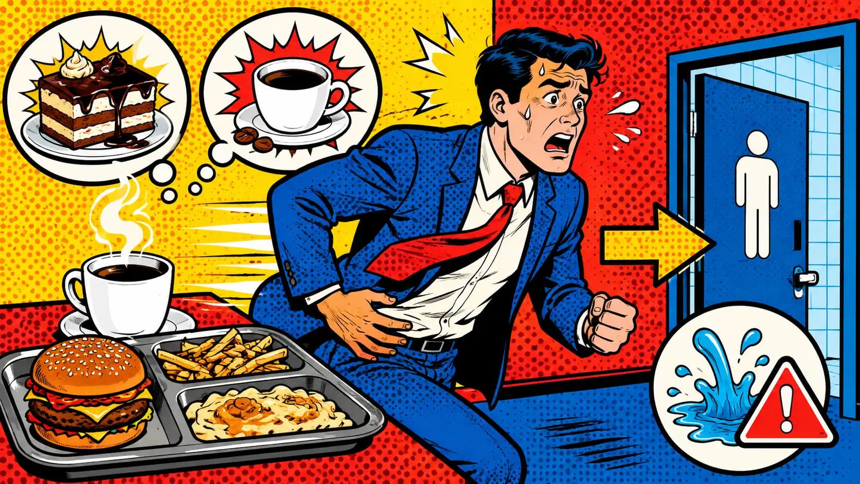 Pop art style hero showing a rushed after-meal urgency pattern with coffee, a meal tray, restroom arrow, and trigger callouts.