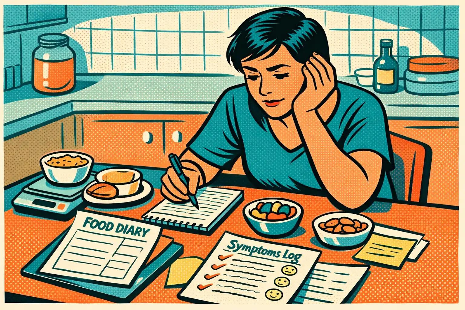 Retro pop-art illustration of a person reviewing symptom notes and measured food portions after a difficult low-FODMAP reintroduction challenge.