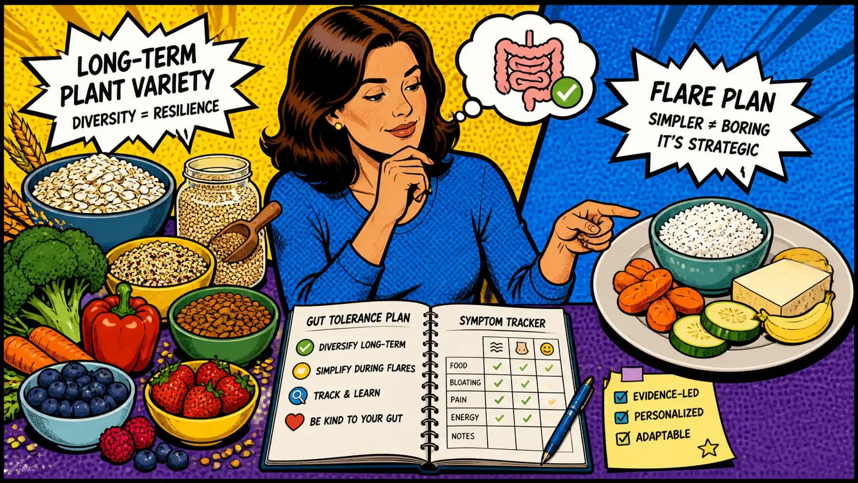 Pop art style illustration of whole grains, colorful plant foods, and a gut tolerance notebook.